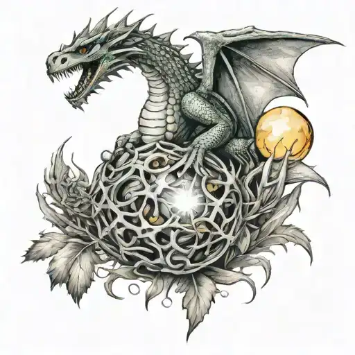 smile Dragon, look left, with cristal ball in hand, in ball thistle and fire around ball tattoo design idea