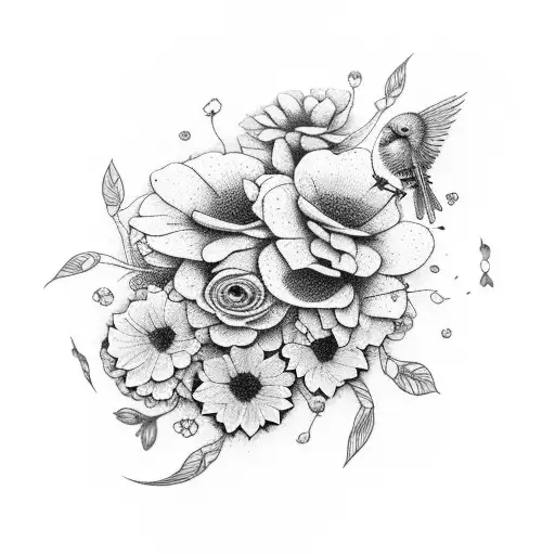 dlicate flowers and birds entwined with each other coming out of a zip in my arm narrower at one end of the design than  tattoo design idea