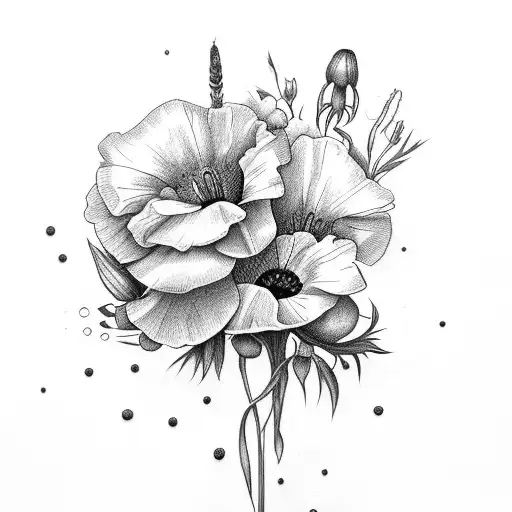 bouquet of flowers with: poppy, gladiolus, roses, honeysuckle  tattoo design idea