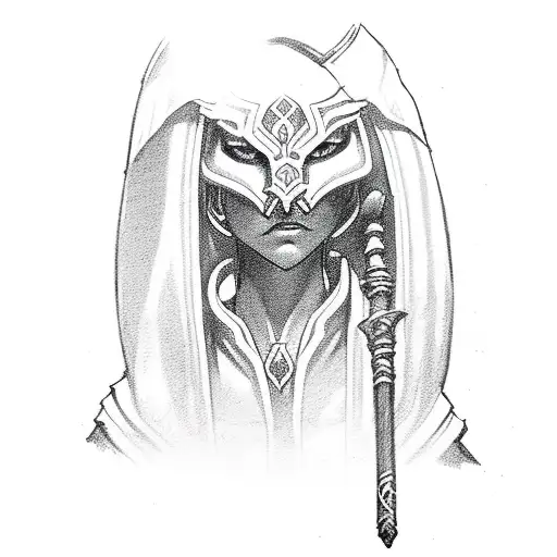 a draenei female priest from world of warcraft with staff in a casting pose tattoo design idea