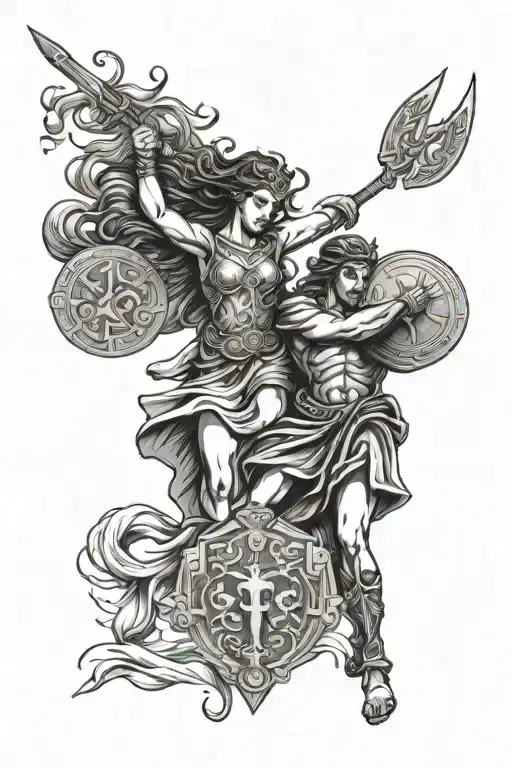 greek mythology idpired tattoo with warrior with a shield with female warrior below with a trident tattoo design idea