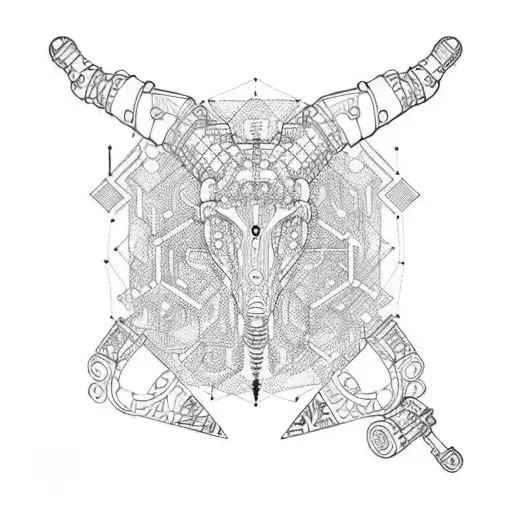 A mechanical arm with intricate geometric patterns tattoo design idea