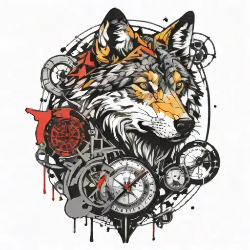 wolf anime and compass surrounded tattoo design idea