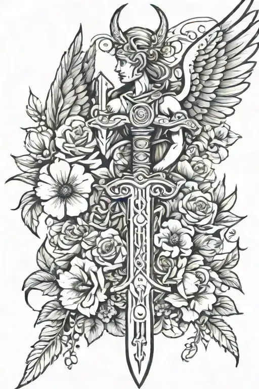valkyrie sword wings and flowers growing tattoo design idea