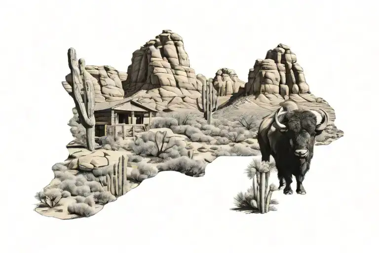 arizona desert, bison, cactus, adobe houses landscape tattoo design idea