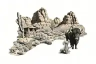 arizona desert, bison, cactus, adobe houses landscape tattoo design idea