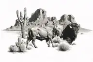 arizona desert, bison, cactus, adobe houses landscape tattoo design idea