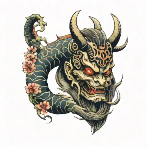 Japanese full sleeve tattoo with oni mask, cherry blossoms, woman, tori gate and a dragon surrounding the whole thing tattoo design idea