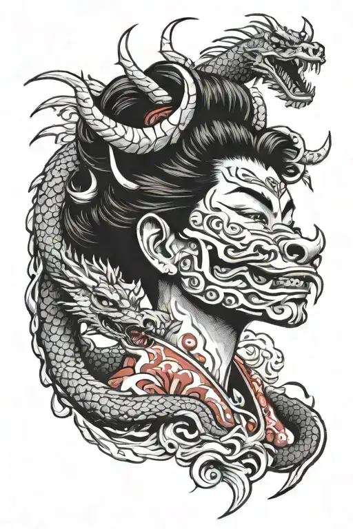 the face of a Japanese woman in a kimono, with an oni mask on her hair and a dragon around it.  tattoo design idea