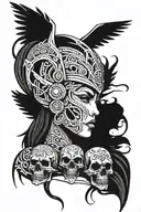 valkyrie with her hair pulled back, holding a helmet on her chest, with skulls around it tattoo design idea