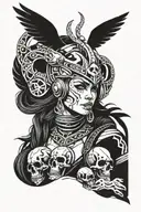 valkyrie with her hair pulled back, holding a helmet on her chest, with skulls around it tattoo design idea