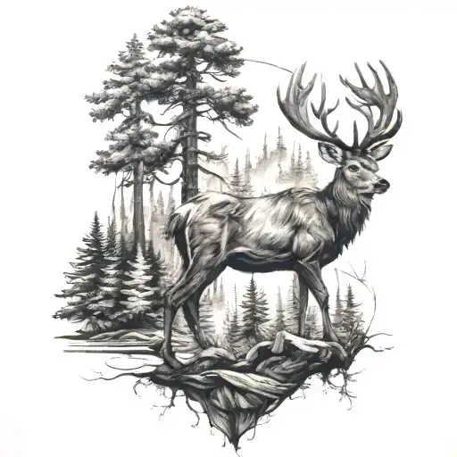 A detailed blackwork tattoo of a majestic deer in a dense forest setting tattoo design idea