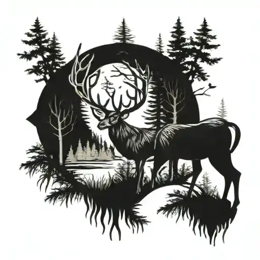 A detailed blackwork tattoo of a majestic deer in a dense forest setting tattoo design idea