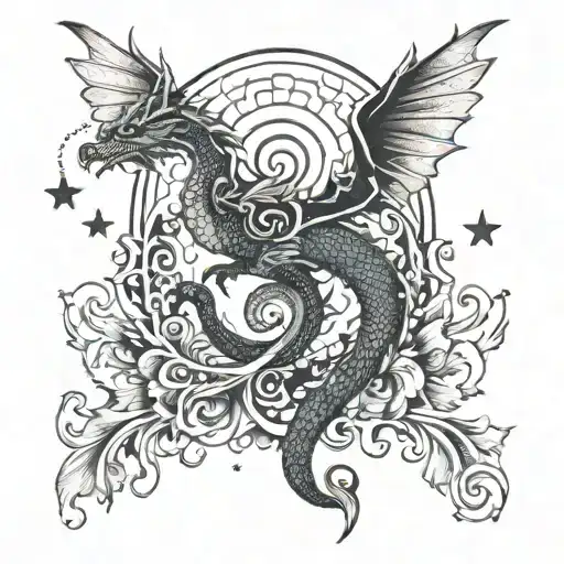 Dragons, Mountains, Waves, Stars, Flute and peacock feather  tattoo design idea