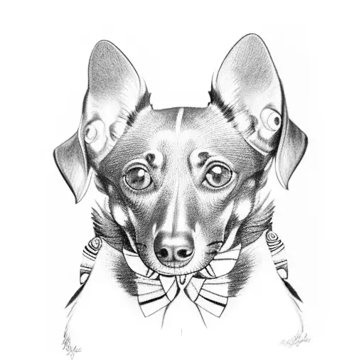 A realistic black and grey portrait of a dachshund with a traditional Mexican patterned bandana around its neck tattoo design idea