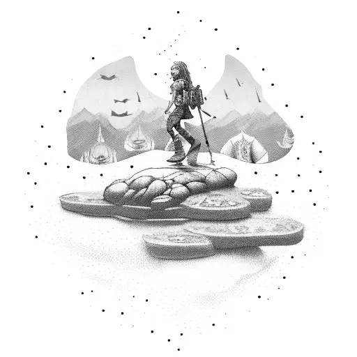 A hiking boot stepping on a punk rock record with mermaids swimming out of it tattoo design idea