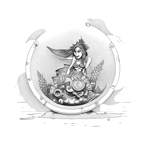 A punk rock mermaid diving into a pottery kiln filled with treasure tattoo design idea
