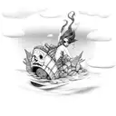 A punk rock mermaid diving into a pottery kiln filled with treasure tattoo design idea