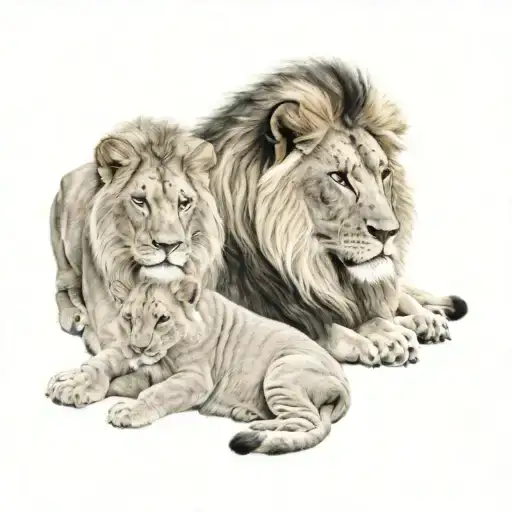 lion family 1 male lion 1 female lion 2 baby lions tattoo design idea