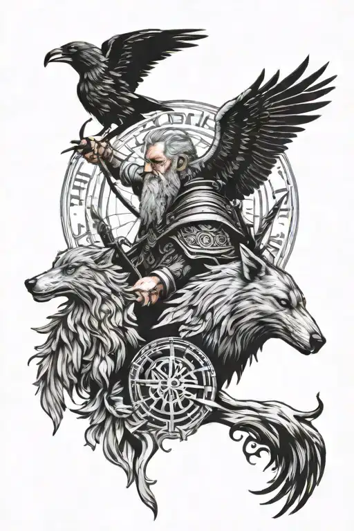 odin with ravens and wolves tattoo design idea