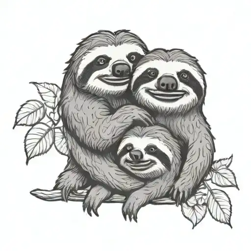 A tattoo design of a sloth and otter sharing a laugh together, with a vineyard background, in black-grey style tattoo design idea