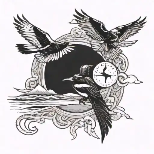 A tattoo design of a group of magpies flying around a sand dollar on a beach, with a hurricane island outward bound logo incorporated, in blackwork style tattoo design idea