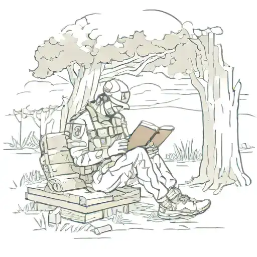 A soldier reading a book under a tree, with a glass of wine beside him and a volleyball at his feet tattoo design idea
