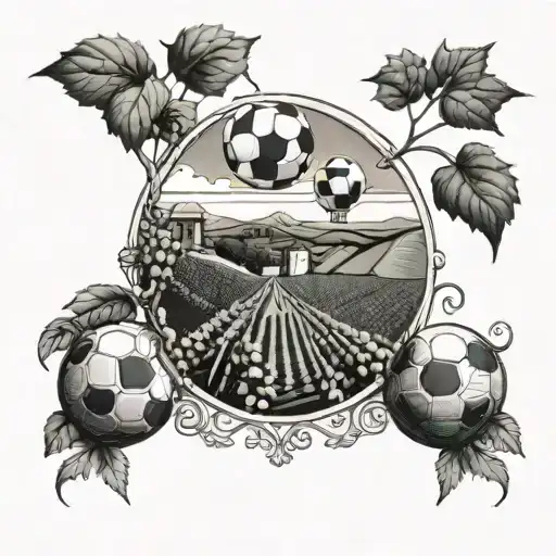 A vineyard landscape with a soccer ball and paint palette hidden in the vines tattoo design idea