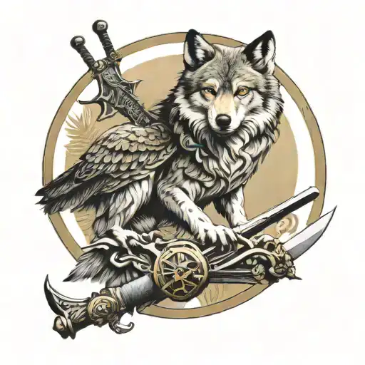wolf on its back a owl perched upon a stoic sword all inside a enso circle tattoo design idea