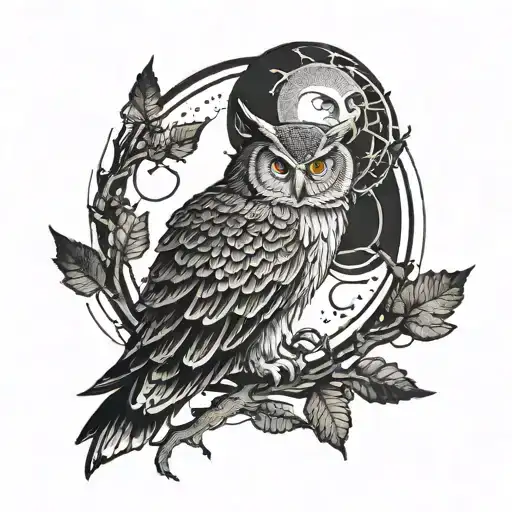 An enso symbol incorporating elements of a stoic philosopher's face, an owl perched on a branch, and a wolf howling at the moon tattoo design idea