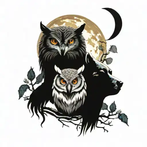An enso symbol incorporating elements of a stoic philosopher's face, an owl perched on a branch, and a wolf howling at the moon tattoo design idea