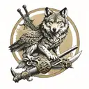 wolf on its back a owl perched upon a stoic sword all inside a enso circle tattoo design idea