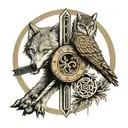 wolf on its back a owl perched upon a stoic sword all inside a enso circle tattoo design idea