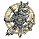 wolf on its back a owl perched upon a stoic sword all inside a enso circle tattoo design idea