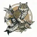 wolf on its back a owl perched upon a stoic sword all inside a enso circle tattoo design idea
