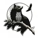 An enso symbol incorporating elements of a stoic philosopher's face, an owl perched on a branch, and a wolf howling at the moon tattoo design idea