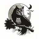 An enso symbol incorporating elements of a stoic philosopher's face, an owl perched on a branch, and a wolf howling at the moon tattoo design idea