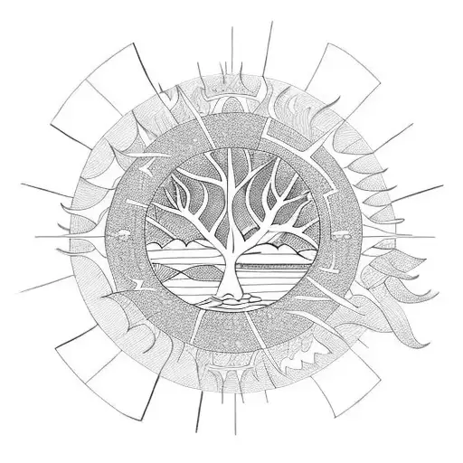 sun sea and forest tree tattoo design idea