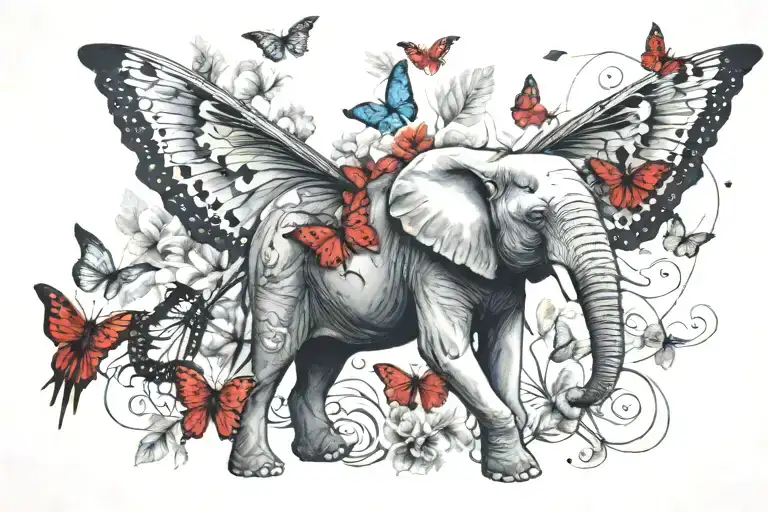 elephant butterfly wolf and cardinal with water color tattoo design idea
