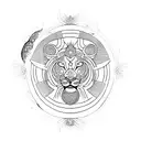 Incorporate obatala Santeria symbols into a minimalist tattoo of a butterfly and lion tattoo design idea