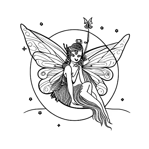 fairy seated on top of a half moon tattoo design idea