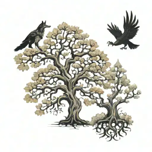 oak tree with wolf and phoenix  tattoo design idea