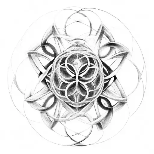 A black and grey tattoo design depicting the Metatron's Cube intertwined with the Tree of Life, symbolizing the connection between the physical and spiritual realms. tattoo design idea