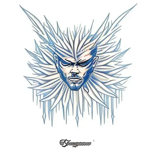 Chest tattoo design, man made from ice, with a young spiky blond hair sorcerer, a blue Wren , blue feather stars and blu tattoo design idea