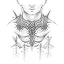 Chest tattoo design, man made from ice, with a young spiky blond hair sorcerer, a blue Wren , blue feather stars and blu tattoo design idea