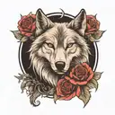 wolf with rose intertwined tattoo design idea