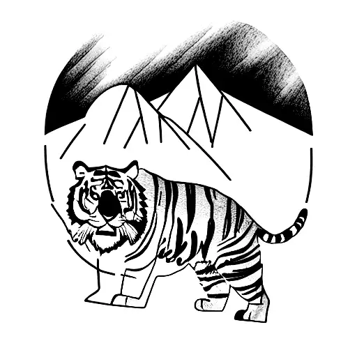 tiger back facing the mountains tattoo design idea