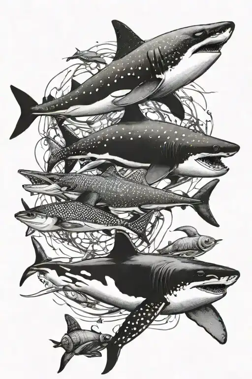 realistic tattoo of a whale shark, dolphin, orca, turtle, manta ray, and octopus tattoo design idea