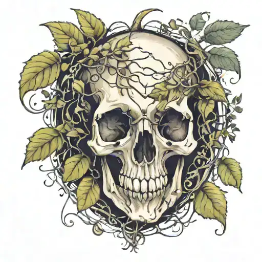 animal skull surrounded by vines going tattoo design idea
