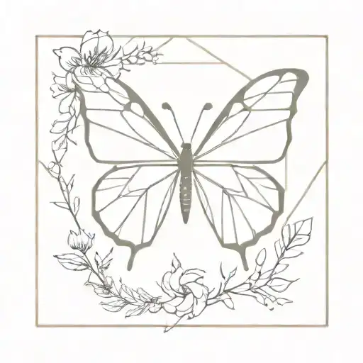 A geometric butterfly design within a rectangle frame, incorporating botanical elements and abstract art tattoo design idea